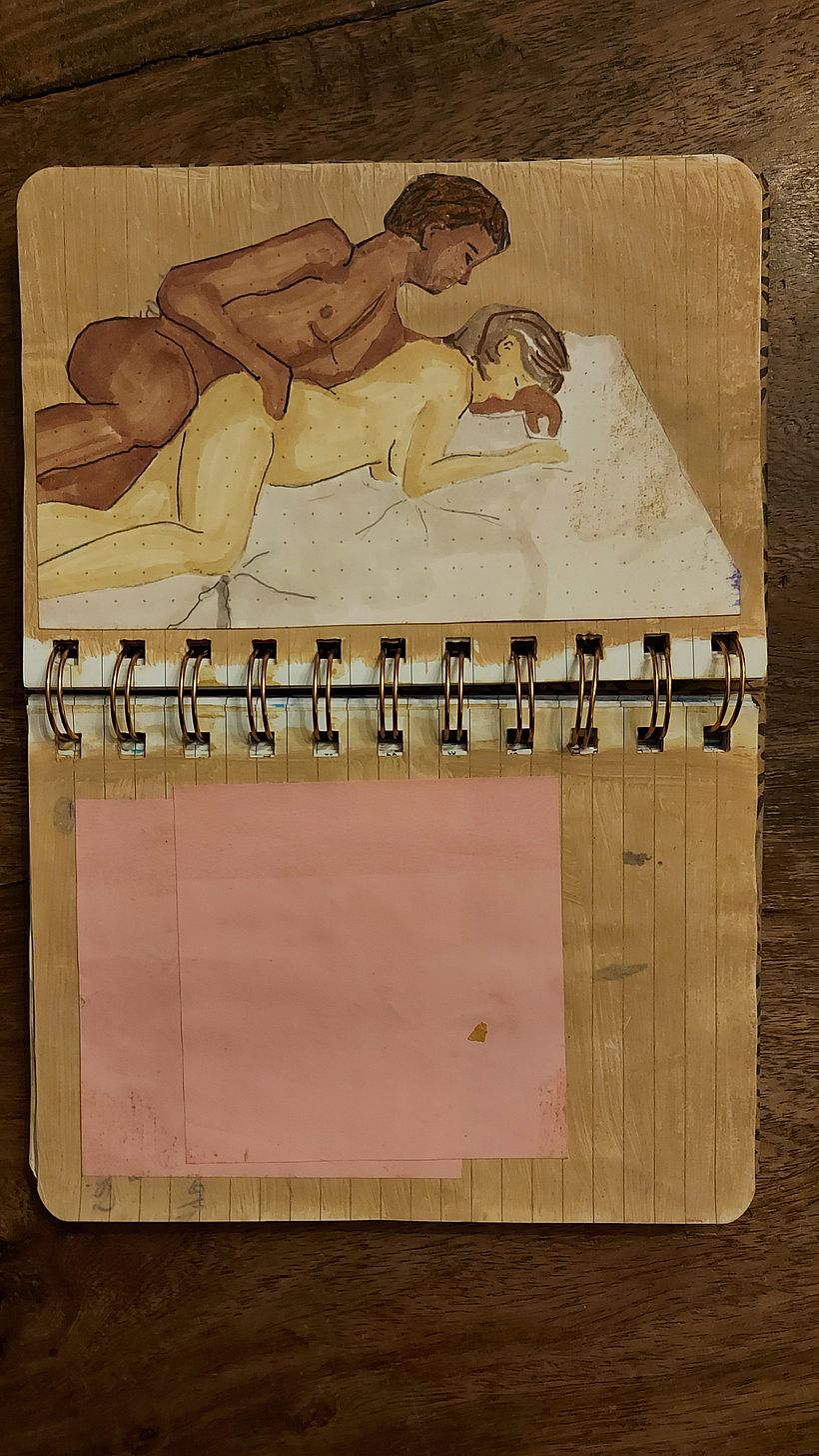De mensen heb ik uit een ander boek geknipt. Achtergrond is gemaakt met make-upvoor de huid. Ik hou van de combi met roze.