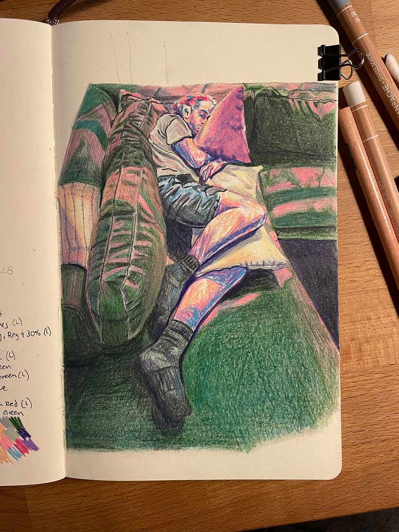 Inspired by Daniel Torrent. Tired new parent sneaks in a midday nap. Done using Prismacolor and Luminance colored pencils. 