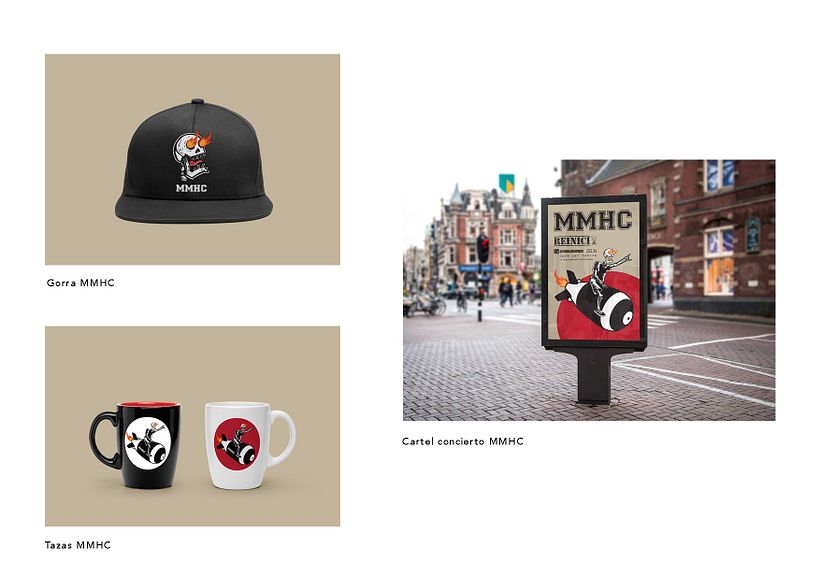 Distintas adaptaciones del diseño en una gorra, unas tazas y un cartel de un concierto del grupo MMHC