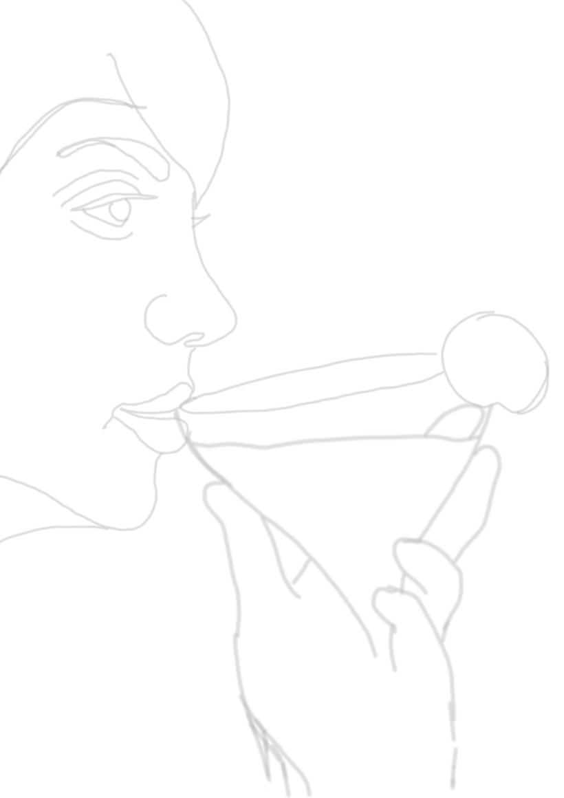 Initial sketch of my lady with cocktail