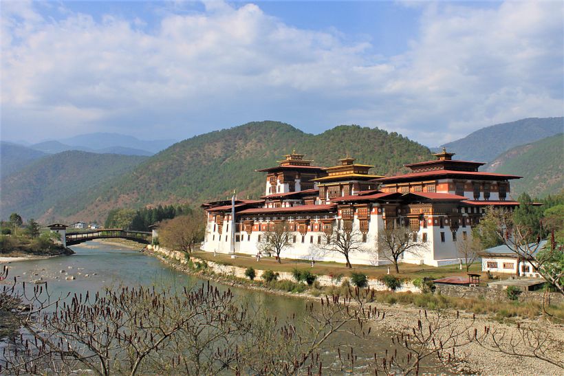The Dzong of Punakha. Dzongs are traditional Tibetan fortresses serving as religious, military and administrative centers.