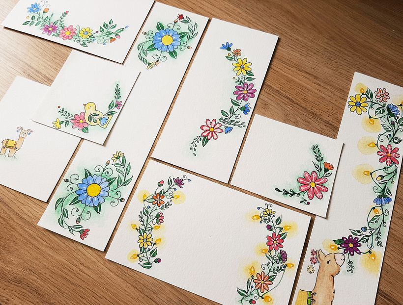 Diseño en acuarela, estilógrafo y lápices de color.