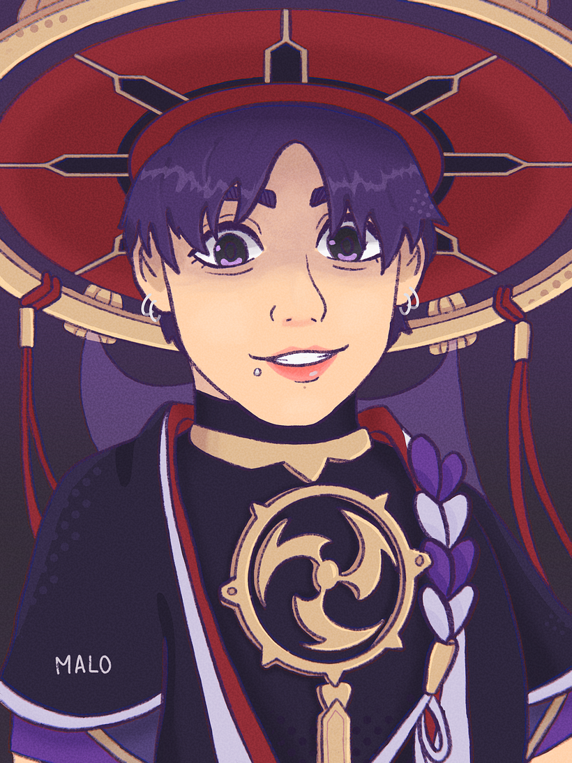 Jungkook from BTS as Scaramouche from Genshin Impact, part of a collection of BTS members dressed for Halloween - 2021