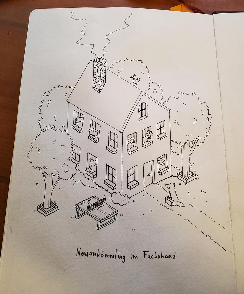 Mein Abschlussprojekt für den Kurs: Die Sketching Kunst: Transformiere Skizzen in Kunst - Prozess und Fuchshaus - Traditionelle Illustration