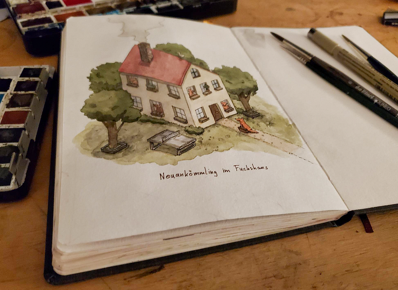 Mein Abschlussprojekt für den Kurs: Die Sketching Kunst: Transformiere Skizzen in Kunst - Prozess und Fuchshaus - Traditionelle Illustration