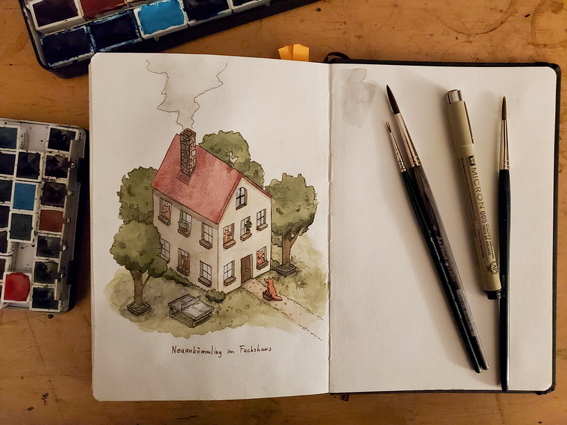 Mein Abschlussprojekt für den Kurs: Die Sketching Kunst: Transformiere Skizzen in Kunst - Prozess und Fuchshaus - Traditionelle Illustration