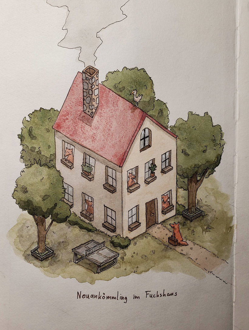 Mein Abschlussprojekt für den Kurs: Die Sketching Kunst: Transformiere Skizzen in Kunst - Prozess und Fuchshaus - Traditionelle Illustration