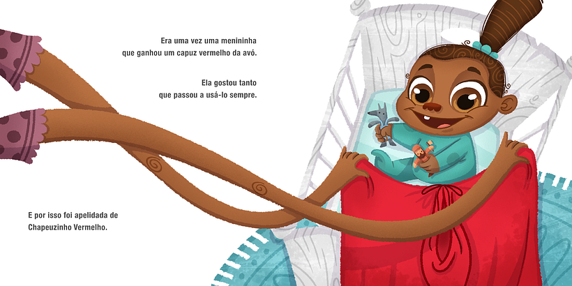 Ao invés de bonecas genéricas, ela brinca com os bonecos do lobo e do caçador.