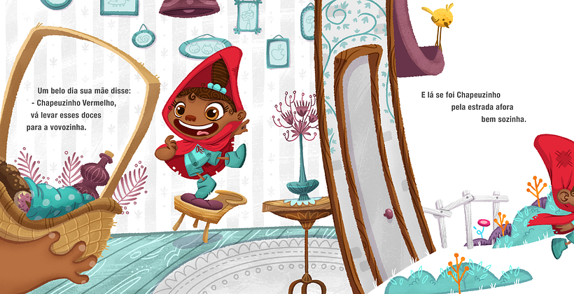 Nos quadros na parede, coloquei algumas referências de outros contos de fada.