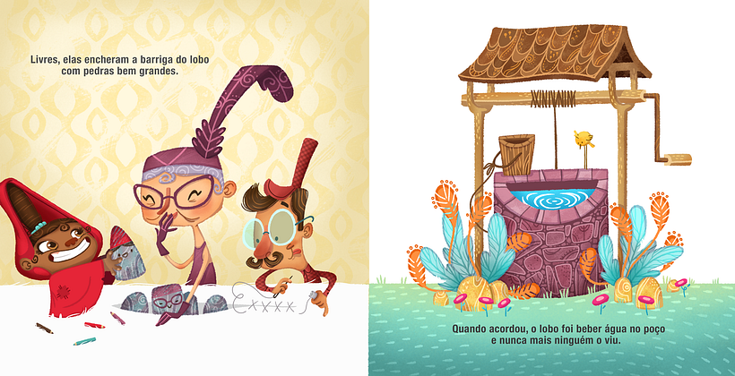 Pensei em fazer o rabo do Lobo saindo do poço para deixar claro que ele caiu lá mas preferi deixar em aberto.