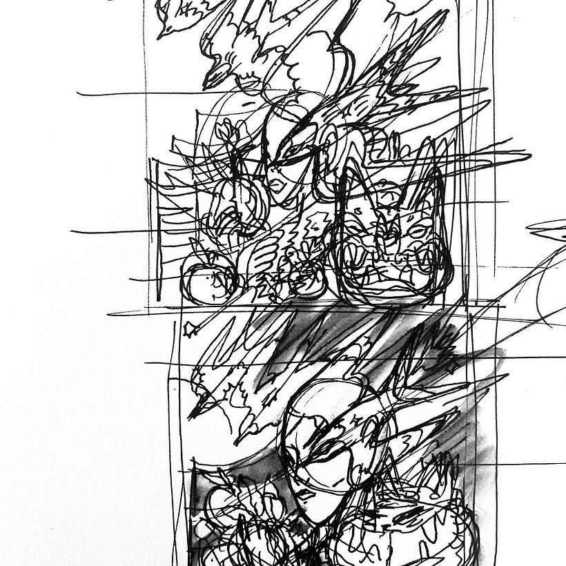 Siempre invierto mucho de mi tiempo resolviendo y ordenando esta ilustración en pequeños borradores.