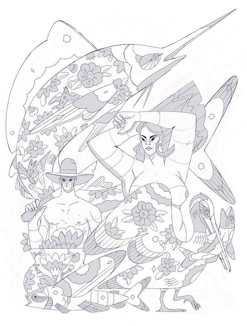 Este es el dibujo al que llegué después de resolver la composición en borradores.