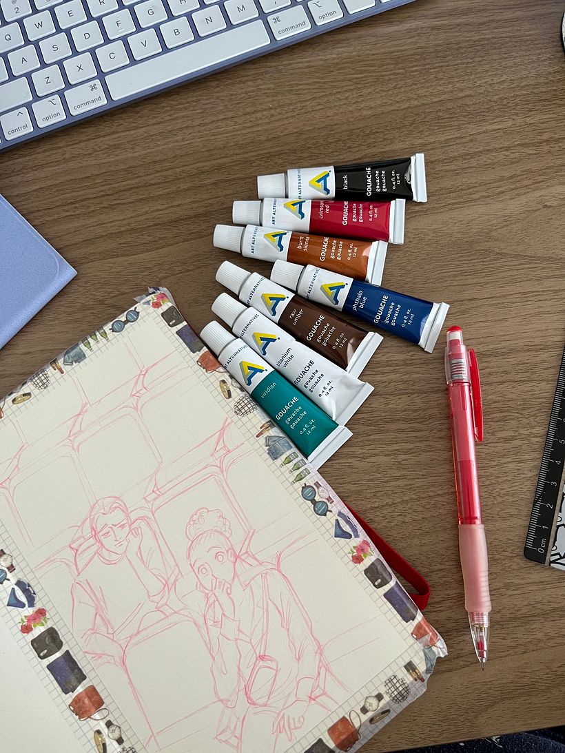 El sketch, cometí el grave error de dibujarlo en rojo… cuando mi fondo iba a ser rojo..
