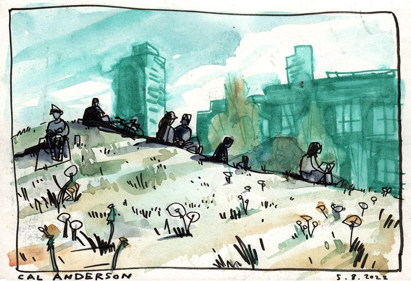 Quick sketch of a park in Seattle: watercolor, brush pen, and marker. I love drawing little flowers popping up.