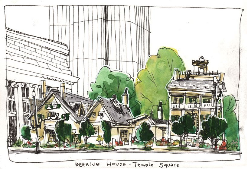 Most of the big Mormon temple was closed, but I got to sketch these historic old houses nearby.