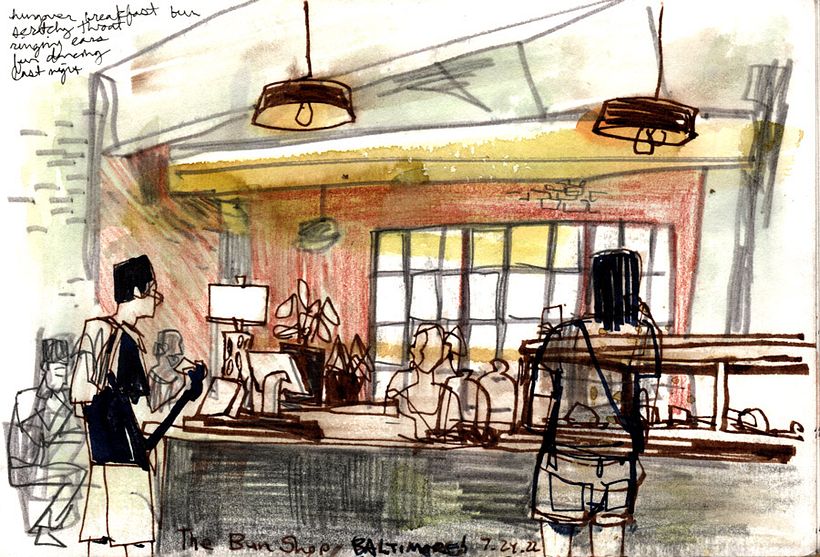 A quick (hungover) sketch in a Baltimore cafe, using markers, graphite, watercolor, and ink.