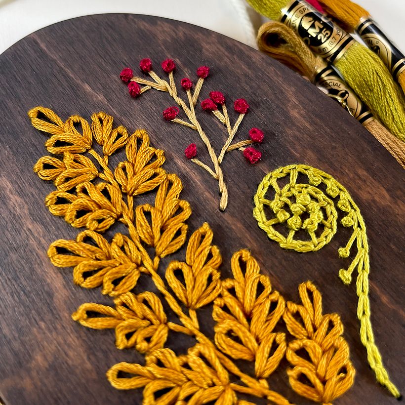 Simple stitches using different amounts of thread counts to achieve volume.