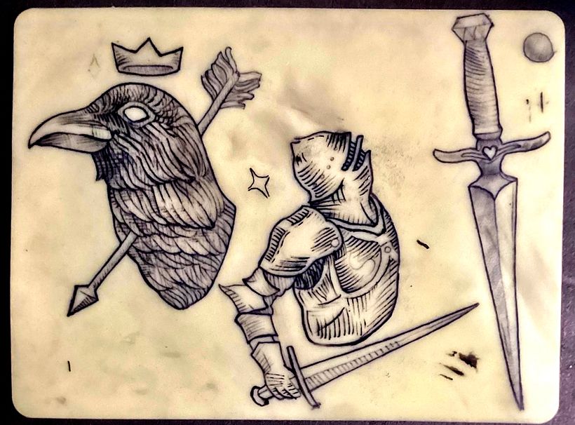 My project for course: made on fake skin , the crow and dagger are original designs  1