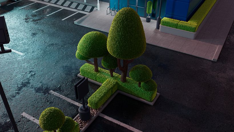 Some details of my work texturing and modeling the parking lot.