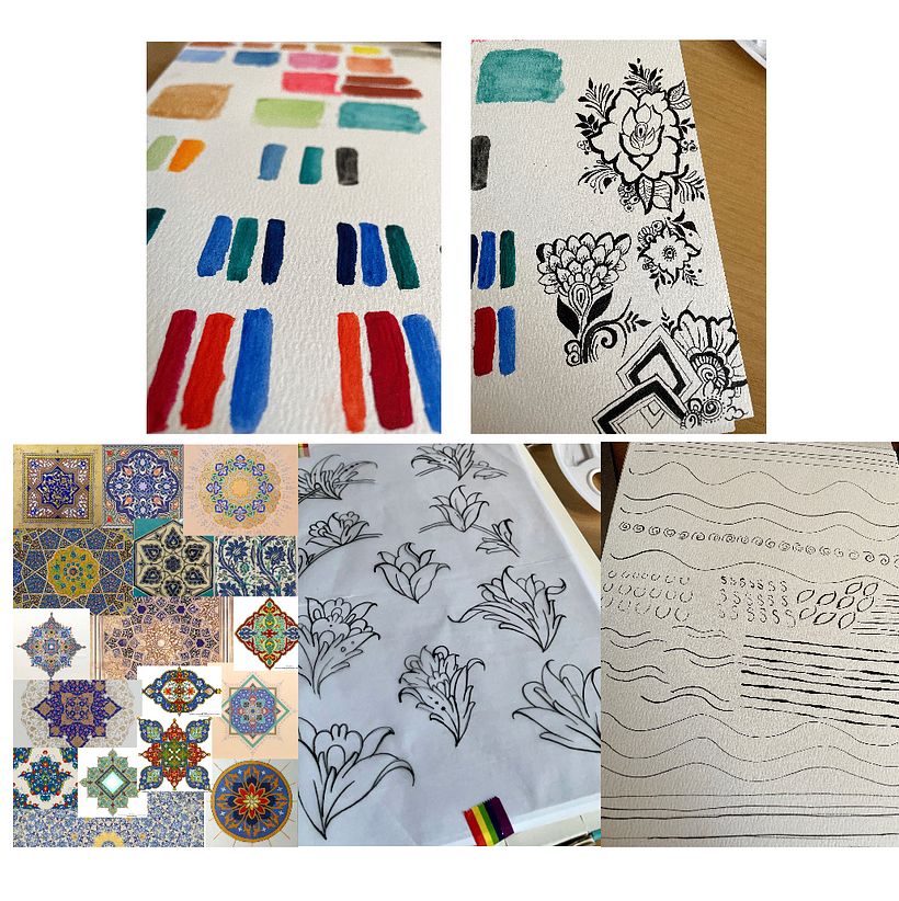 Initial steps of the course, understanding colours, research into existing patterns and and introduction to the use of ink.