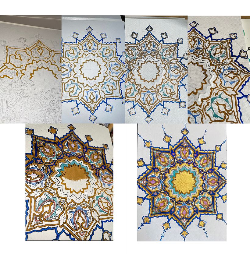 Developing the pattern through adding colour and ink outlines to the final completion. 