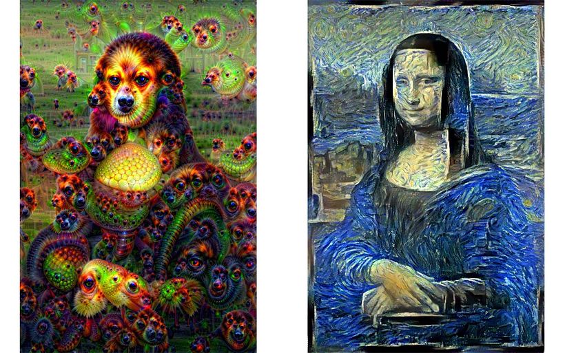 "Mona Lisa" con efecto DeepDream (izquierda) y Neural Style Transfer (derecha) creada por P.J. Finlay. Imagen: Wikipedia.
