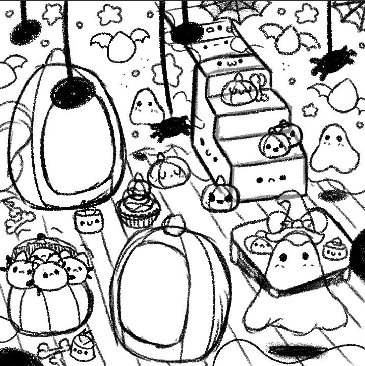 Mi idea era crear una fiesta de Halloween, con algunos personajes lindos, así que comencé con este boceto.