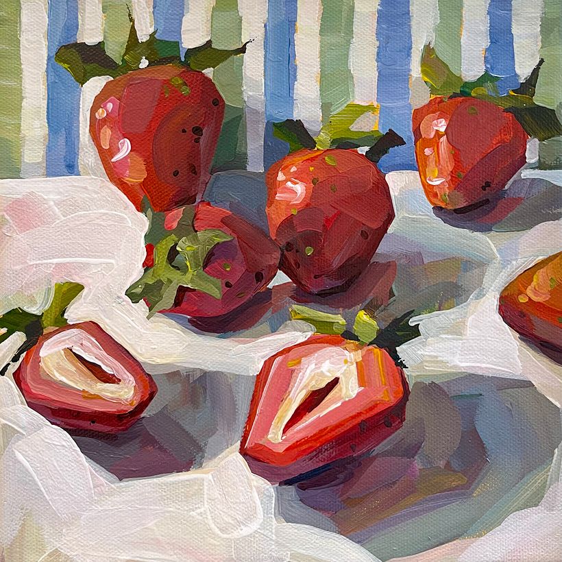 "Strawberries and Stripes" 8" x 8" acrylic on canvas