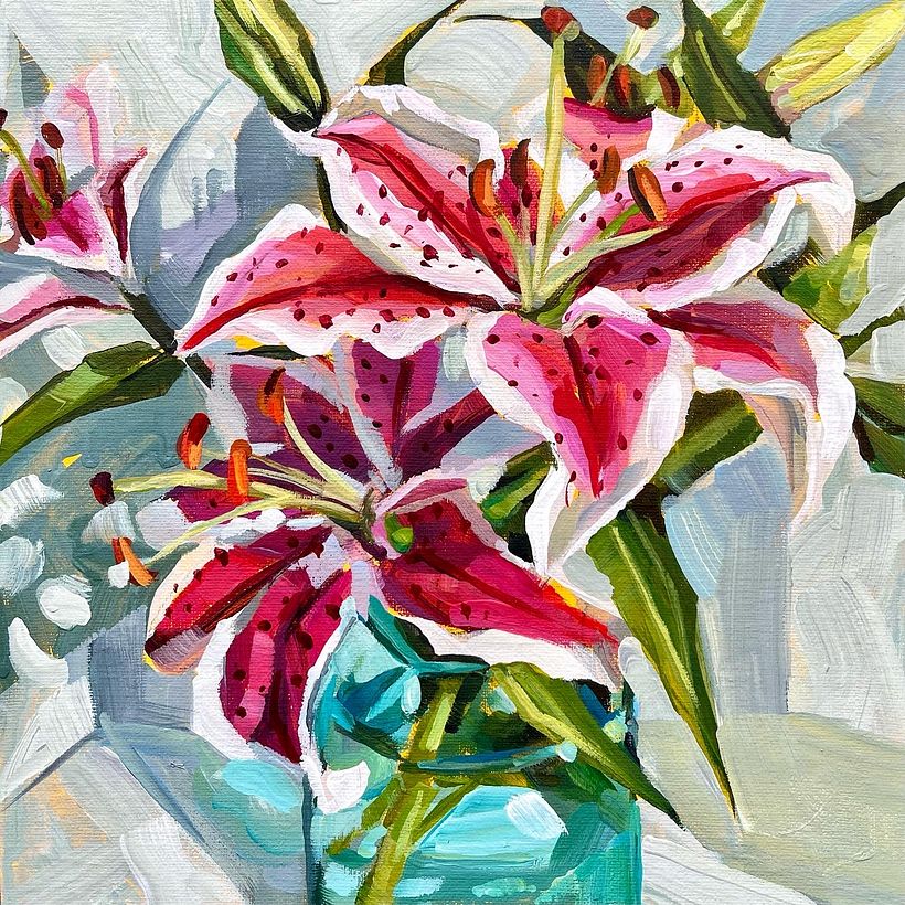 Lírios-estrela são algumas das minhas flores favoritas, então eram uma "pintura obrigatória"! Fiquei tão feliz com essa paleta de cores!
