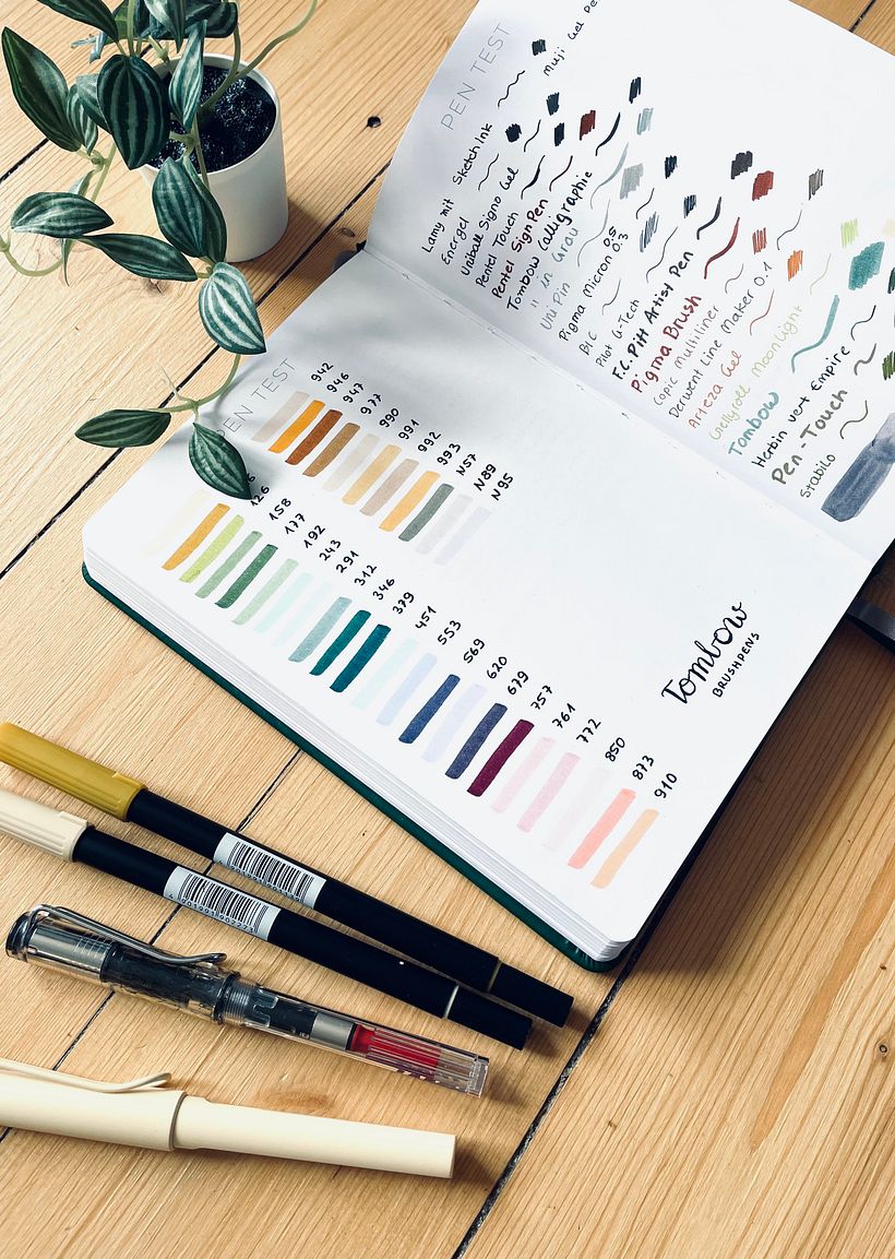 Double Spread "Pen Test": Lines and Colors drawn with different Pens