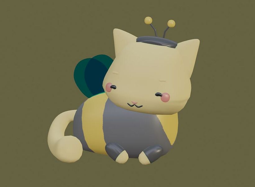 O gatinho abelha já com os materiais definidos. Nestas imagens o modelo está 90% pronto.