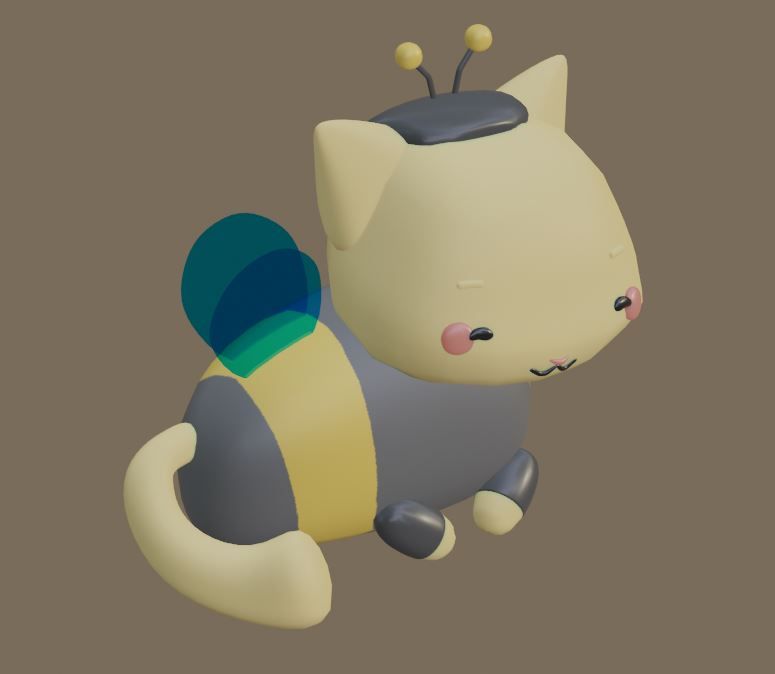 O gatinho abelha já com os materiais definidos. Nestas imagens o modelo está 90% pronto.