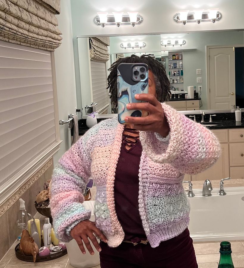 2nd cardigan in acrylic yarn and more cropped.