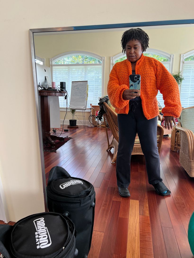 1st cardigan crocheted in bright acrylic for fall. 