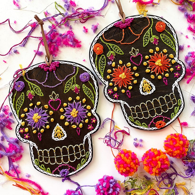 Calavera : Day of the Dead wood & paper embroidery 3