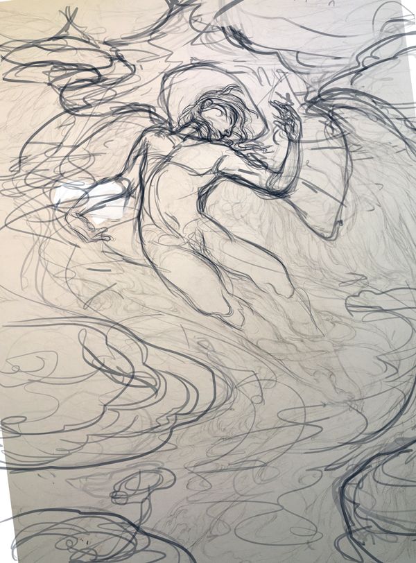 Roughing out the final sketch. Much better than the original idea after mulling around and planning.