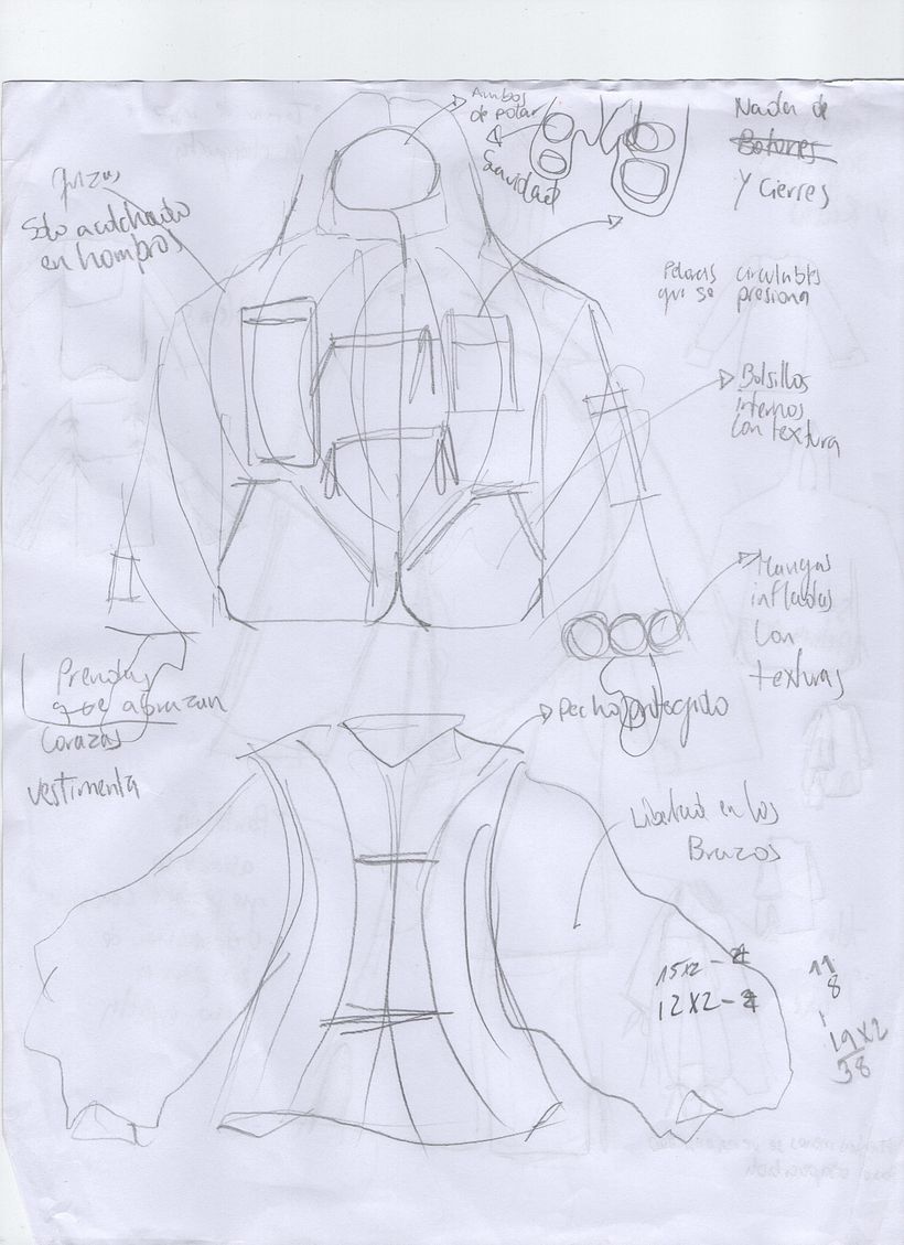 Croquis tentativo de la chaqueta, concepto clave: Calma.