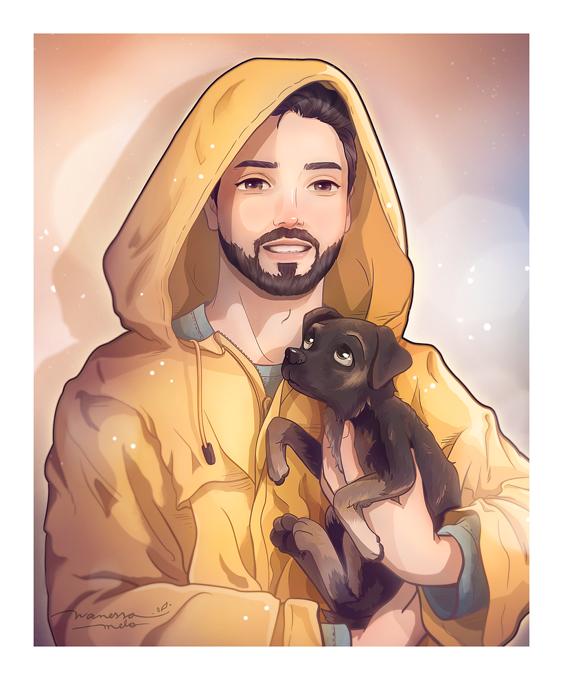 Retrato do Lucas e sua cachorrinha Lully, resgatada em dia de chuva • Por Wanessa Melo