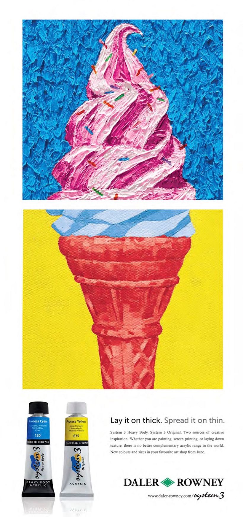 Advertising campaign for Daler Rowney System 3 acrylics, series of artworks showing heavy and smooth