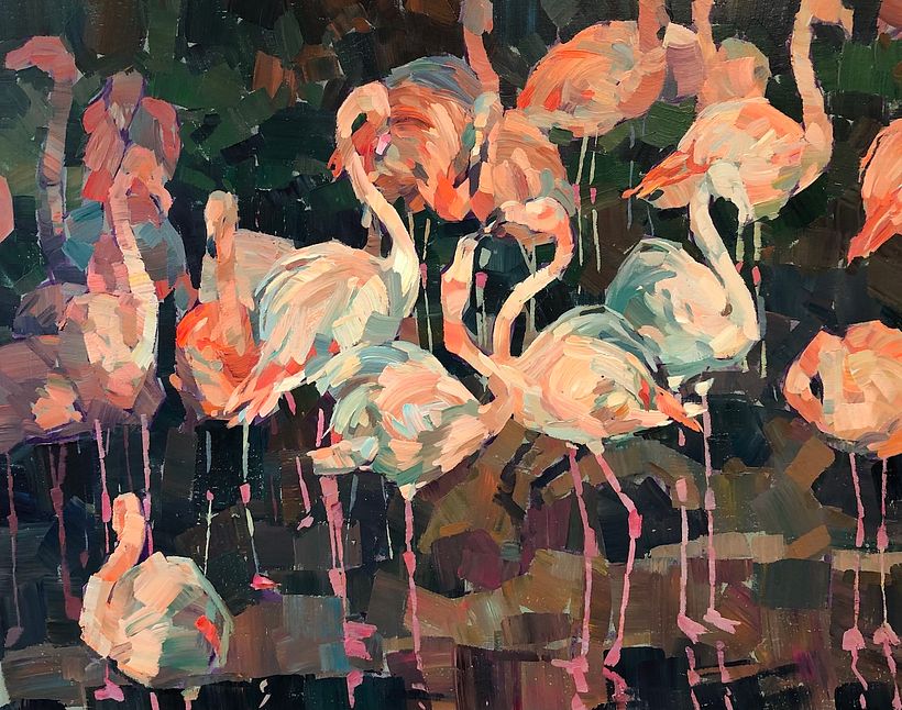 Flamingos, acrylic on canvas