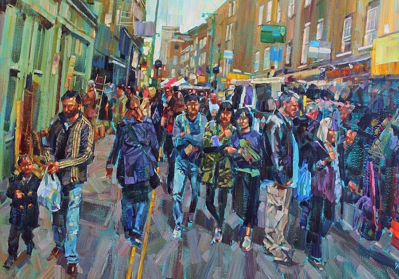 Brick Lane Shoppers, acrylic on canvas