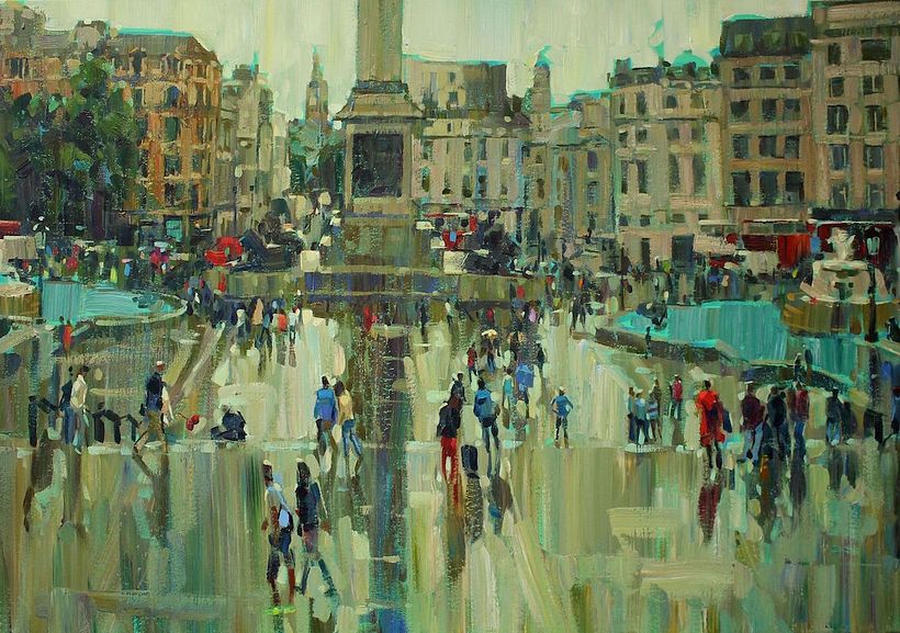 Rainy Trafalgar Square, acrylic on canvas
