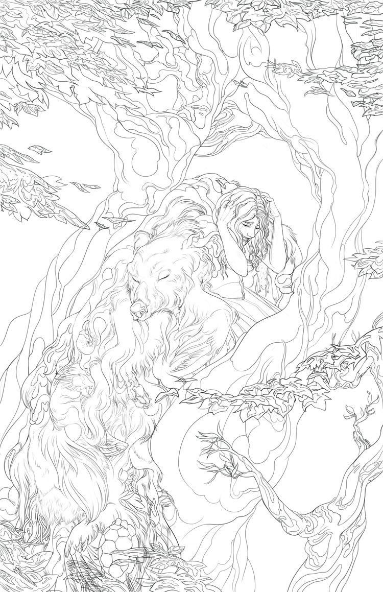 Finished linework - lots of different animals in the cloak!