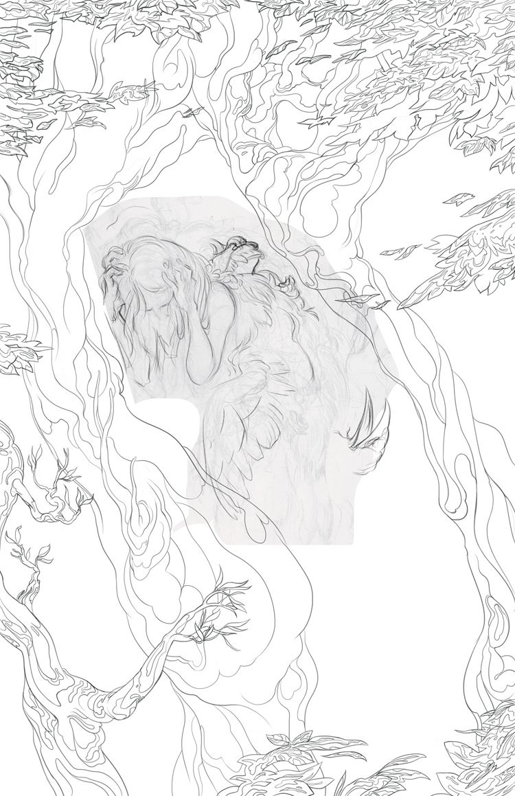 The very early stages of redrawing the figure; her emotion and the cloak made of animals was quite a challenge.