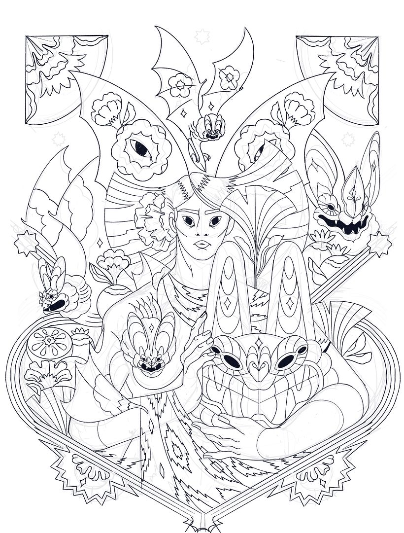 Dibujo que utilicé para pasar a vectores. Me inspiré en máscaras de algunos bailes de diferentes pueblos de México.