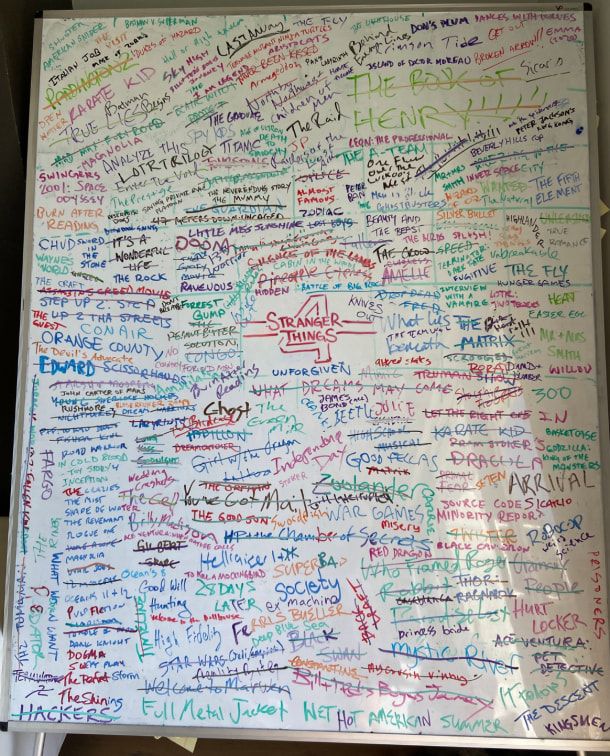 A whiteboard of movie references with “the DNA that makes up season four”. @strangerwriters, via Twitter.