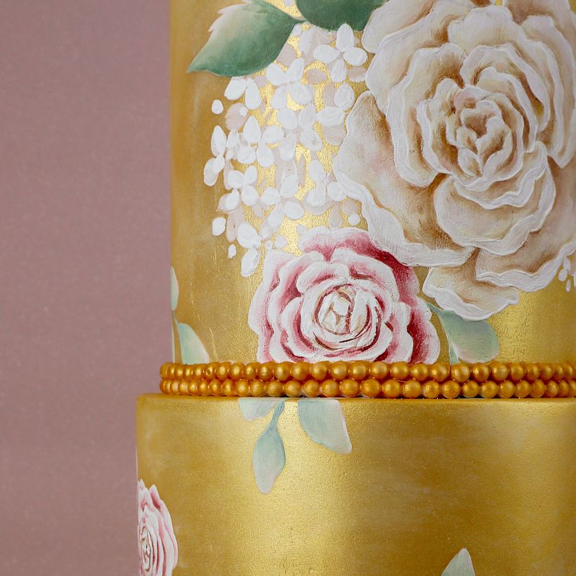 Metallic gold wedding cake with hand painted peonies 2