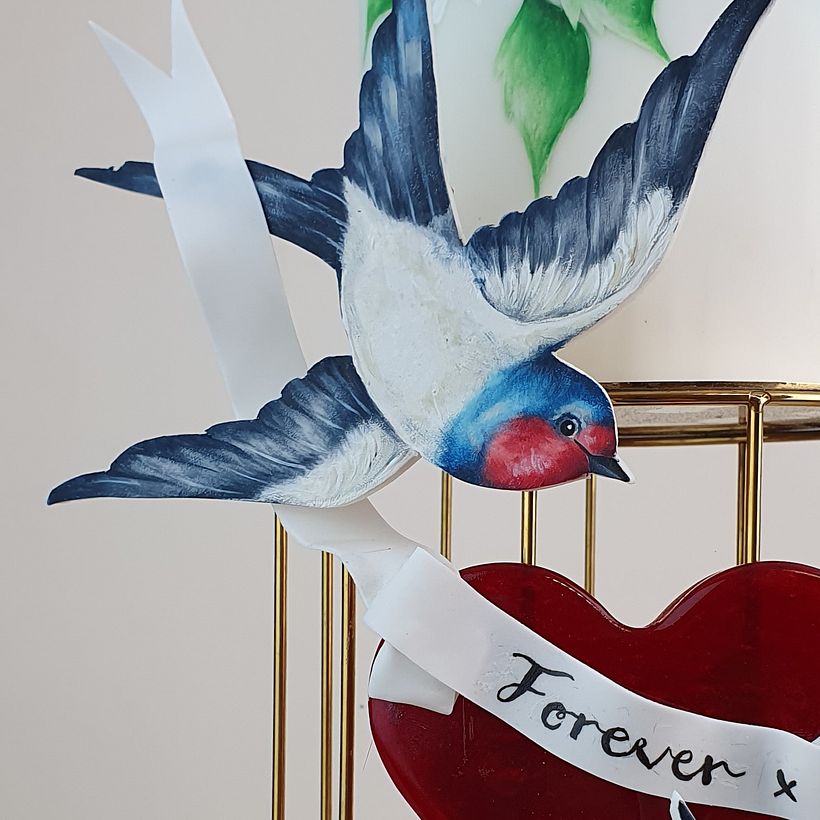Hand painted swallows and roses with isomalt heart and cage spacer 1