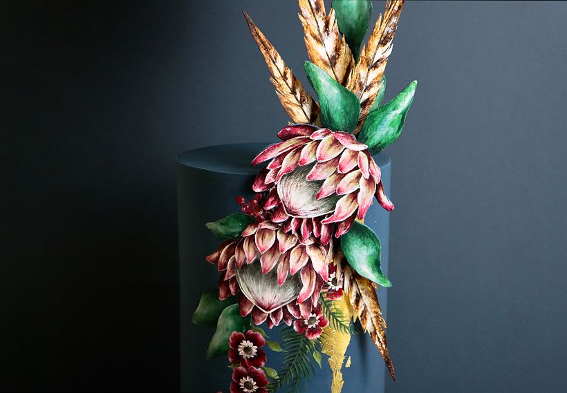 Hand painted proteas and pheasant feathers on a navy background 3