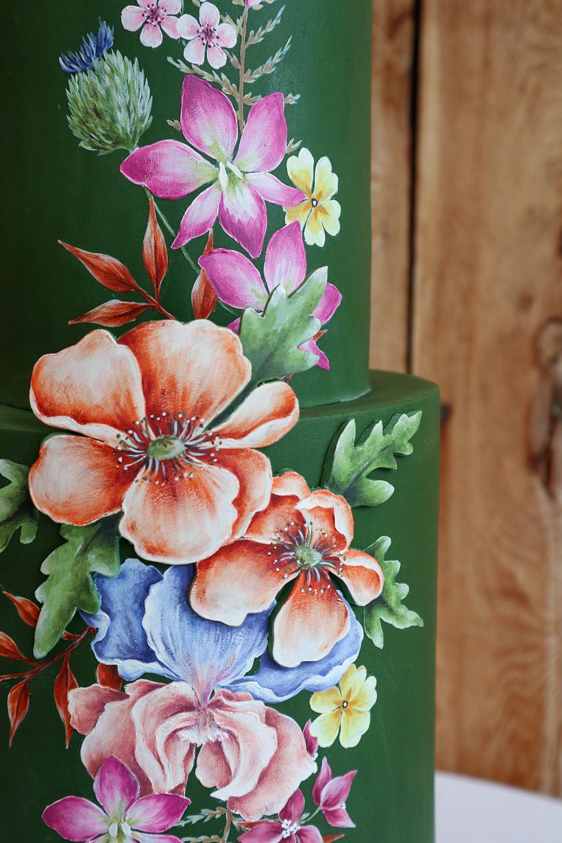 Hand painted Autumnal flowers on moss green 3